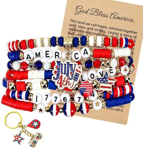 4th of July Bracelets Set | Patriotic Jewelry Red White Blue Stretchy Bracelets | America Independence Day Accessories for Women Men with Gift Card & Keychain in Saudi Arabia