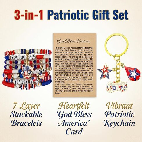 4th of July Bracelets Set | Patriotic Jewelry Red White Blue Stretchy Bracelets | America Independence Day Accessories for Women Men with Gift Card & Keychain in Saudi Arabia