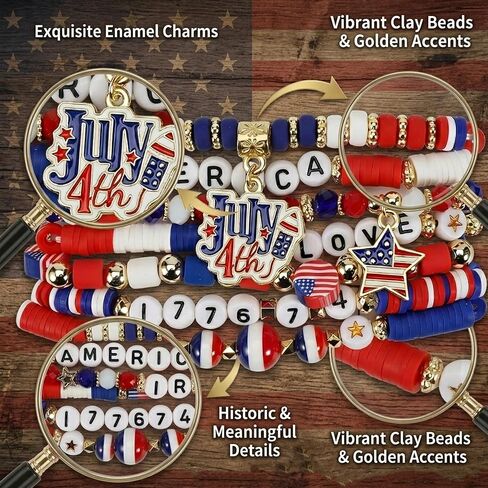 4th of July Bracelets Set | Patriotic Jewelry Red White Blue Stretchy Bracelets | America Independence Day Accessories for Women Men with Gift Card & Keychain in Saudi Arabia