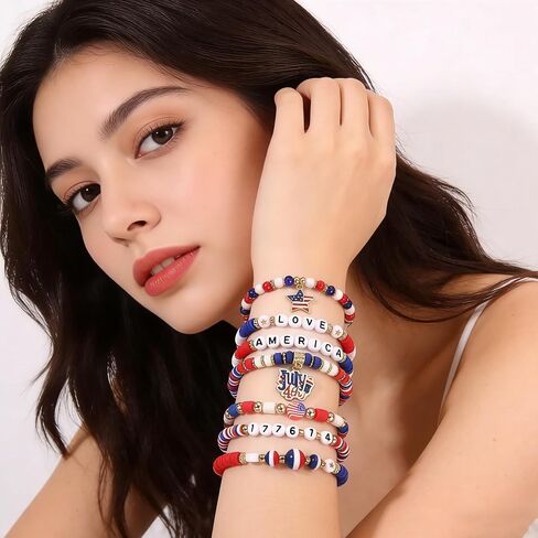 4th of July Bracelets Set | Patriotic Jewelry Red White Blue Stretchy Bracelets | America Independence Day Accessories for Women Men with Gift Card & Keychain in Saudi Arabia