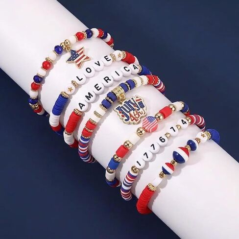 4th of July Bracelets Set | Patriotic Jewelry Red White Blue Stretchy Bracelets | America Independence Day Accessories for Women Men with Gift Card & Keychain in Saudi Arabia