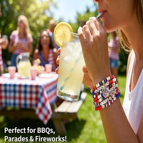 4th of July Bracelets Set | Patriotic Jewelry Red White Blue Stretchy Bracelets | America Independence Day Accessories for Women Men with Gift Card & Keychain in Saudi Arabia