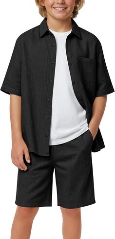 Boys Sets 2 Pieces Linen Outfits Short Sleeve Button Down Shirts and Shorts Sets Kids Boys Vacation Summer Clothing in Saudi Arabia