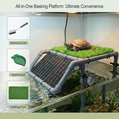 Large Turtle Basking Platform, 13.4" Large Turtle Dock with Adjustable Height (5.9"-14.5"), Heavy Duty Screw-Fixed Suction Cups, Artificial Grass, Feeding Bowl & Brush for Aquatic Turtles in Kuwait
