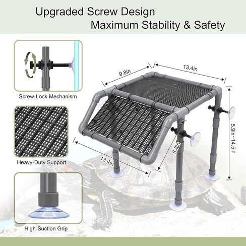 Large Turtle Basking Platform, 13.4" Large Turtle Dock with Adjustable Height (5.9"-14.5"), Heavy Duty Screw-Fixed Suction Cups, Artificial Grass, Feeding Bowl & Brush for Aquatic Turtles in Kuwait