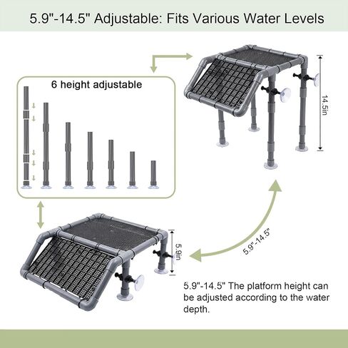 Large Turtle Basking Platform, 13.4" Large Turtle Dock with Adjustable Height (5.9"-14.5"), Heavy Duty Screw-Fixed Suction Cups, Artificial Grass, Feeding Bowl & Brush for Aquatic Turtles in Kuwait