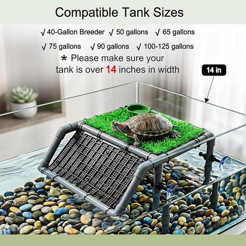 Large Turtle Basking Platform, 13.4" Large Turtle Dock with Adjustable Height (5.9"-14.5"), Heavy Duty Screw-Fixed Suction Cups, Artificial Grass, Feeding Bowl & Brush for Aquatic Turtles in Kuwait