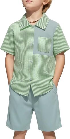 Boy Summer Outfit Casual Beach Striped Patchwork Button Down Sleeve Shirt and Short Vacation Texture Sets 4-10Y in Saudi Arabia