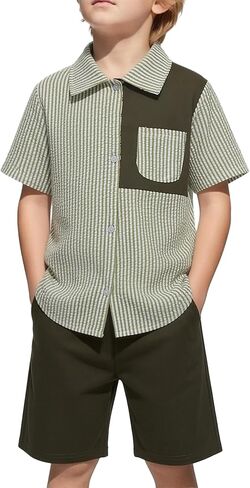 Boy Summer Outfit Casual Beach Striped Patchwork Button Down Sleeve Shirt and Short Vacation Texture Sets 4-10Y in Kuwait