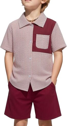 Boy Summer Outfit Casual Beach Striped Patchwork Button Down Sleeve Shirt and Short Vacation Texture Sets 4-10Y in Kuwait