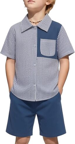 Boy Summer Outfit Casual Beach Striped Patchwork Button Down Sleeve Shirt and Short Vacation Texture Sets 4-10Y in Kuwait