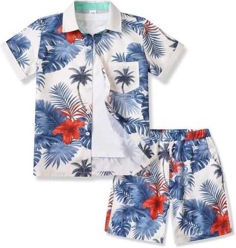 Boys Summer Outfits 2Piece Hawaiian Button Down Shirt and Short Sets Holiday Beach Clothes Size 6-12 Years in Saudi Arabia