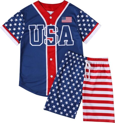 CHAIRAY 4th of July Outfit American Flag Button up Baseball Jersey Shirt Shorts 6-14 Years Kids Independence Day Clothes in Saudi Arabia
