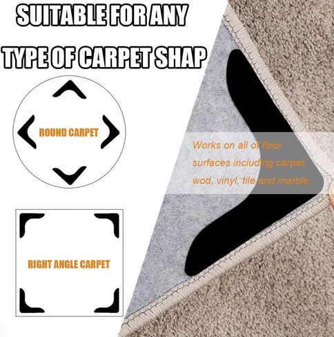 Rug Grippers with Super Stickiness- Anti Curling Carpet Tape Non-Slip Area Keeps Your Rug in Place and Makes Corners Flat for Corners and Edges Renewable 8pcs（Black） in Saudi Arabia