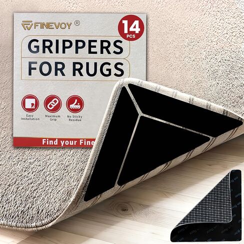 14PCS Rug Gripper with Triangle & Trapezoid and Square Design, Non-Slip Double-Sided Rug Tape Keep Area Rugs, Adhesive Rug Pads for Hardwood Floors and Tiles, Keep Corners Flat (Black) in Saudi Arabia