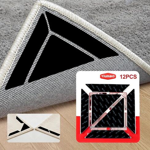 Tiumso 12Pcs Rug Gripper, Double Sided Carpet Tape for Area Rugs, Non Slip Rug Pads Grippers for Hardwood, Tile and Laminate Floors, Rug Corner Grippers for Preventing Curling and Bunching, Black in Kuwait