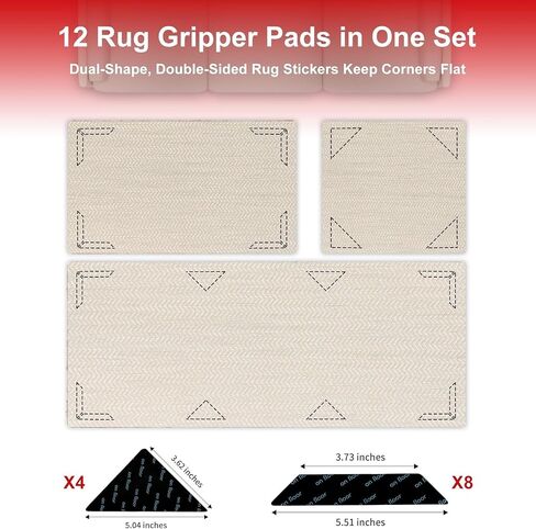 Tiumso 12Pcs Rug Gripper, Double Sided Carpet Tape for Area Rugs, Non Slip Rug Pads Grippers for Hardwood, Tile and Laminate Floors, Rug Corner Grippers for Preventing Curling and Bunching, Black in Kuwait