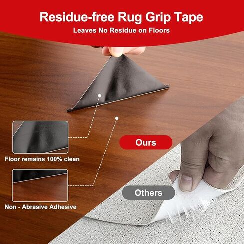 Tiumso 12Pcs Rug Gripper, Double Sided Carpet Tape for Area Rugs, Non Slip Rug Pads Grippers for Hardwood, Tile and Laminate Floors, Rug Corner Grippers for Preventing Curling and Bunching, Black in Kuwait