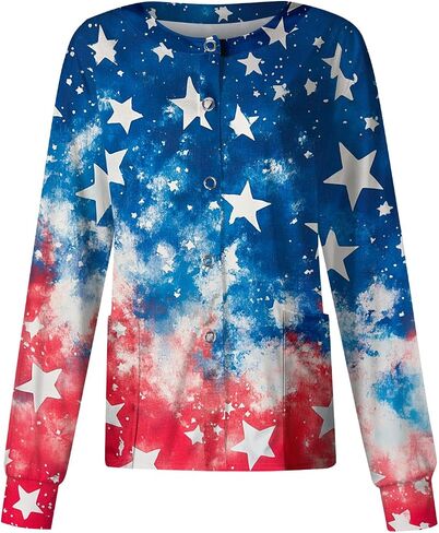 250 Anniversary USA Patriotic Women's Scrub Jacket Flag Print Long Sleeve Button-Up Nurse Uniforms with Pockets in Saudi Arabia