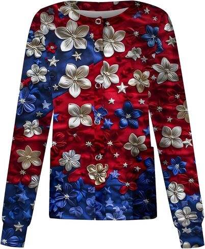 250 Anniversary USA Patriotic Women's Scrub Jacket Flag Print Long Sleeve Button-Up Nurse Uniforms with Pockets in Saudi Arabia