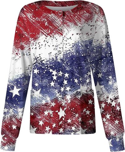 250 Anniversary USA Patriotic Women's Scrub Jacket Flag Print Long Sleeve Button-Up Nurse Uniforms with Pockets in Saudi Arabia