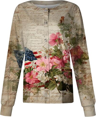 250 Anniversary USA Patriotic Women's Scrub Jacket Flag Print Long Sleeve Button-Up Nurse Uniforms with Pockets in Saudi Arabia