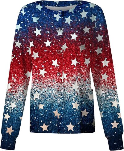 250 Anniversary USA Patriotic Women's Scrub Jacket Flag Print Long Sleeve Button-Up Nurse Uniforms with Pockets in Saudi Arabia