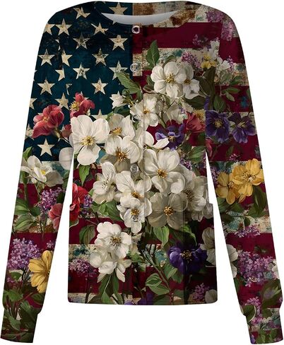 250 Anniversary USA Patriotic Women's Scrub Jacket Flag Print Long Sleeve Button-Up Nurse Uniforms with Pockets in Saudi Arabia