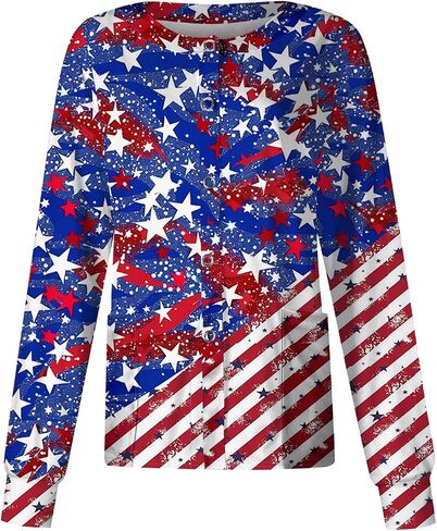 250 Anniversary USA Patriotic Women's Scrub Jacket Flag Print Long Sleeve Button-Up Nurse Uniforms with Pockets in Saudi Arabia
