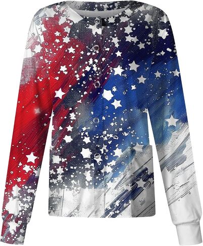 250 Anniversary USA Patriotic Women's Scrub Jacket Flag Print Long Sleeve Button-Up Nurse Uniforms with Pockets in Saudi Arabia