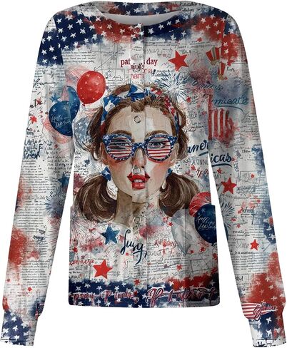 250 Anniversary USA Patriotic Women's Scrub Jacket Flag Print Long Sleeve Button-Up Nurse Uniforms with Pockets in Saudi Arabia