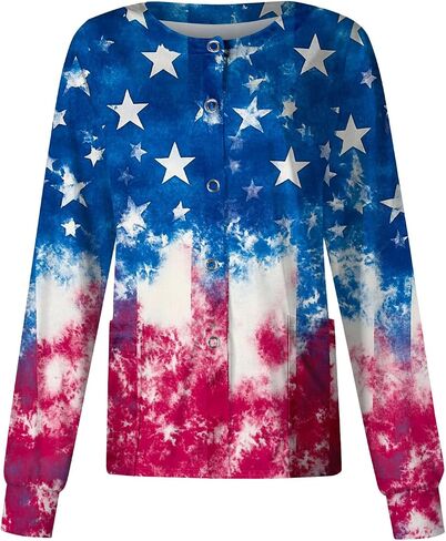 250 Anniversary USA Patriotic Women's Scrub Jacket Flag Print Long Sleeve Button-Up Nurse Uniforms with Pockets in Saudi Arabia