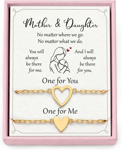 SUCHAGIFT Mother Daughter Bracelets Set for 2 - Mothers Day, Birthday Gifts for Mom from Daughter - Bracelet for Mom - 14K Gold Plated Stainless Steel Matching Heart Bracelets in Saudi Arabia