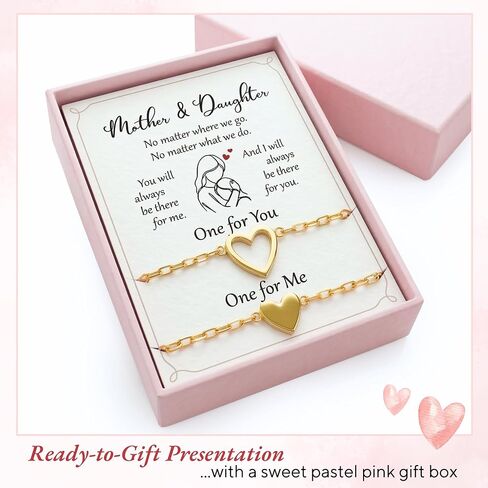 SUCHAGIFT Mother Daughter Bracelets Set for 2 - Mothers Day, Birthday Gifts for Mom from Daughter - Bracelet for Mom - 14K Gold Plated Stainless Steel Matching Heart Bracelets in Saudi Arabia