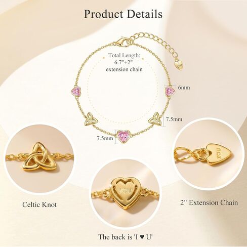 JSGEMSLEE Love Heart Birthstone Bracelets for Women White Gold 14K Gold Plated Celtic Knot Heart Bracelet Anniversary Birthday Christmas Jewelry Gifts for Women in Saudi Arabia