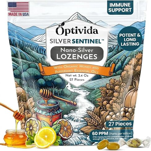 OPTIVIDA Nano Colloidal Silver Lozenges 60 PPM - Organic Cough Drops for Adults & Kids - Natural Honey Sore Throat Lozenges for Immune Support - Soothing Lemon Lozenges, Non GMO, Gluten Free - 27ct in Kuwait