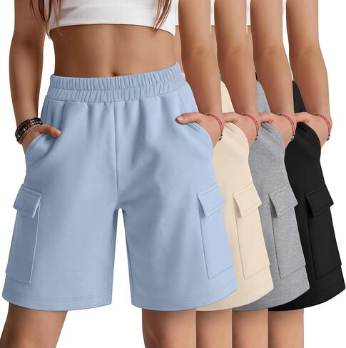 4 Pack Girls Cargo Bermuda Shorts Kids Summer Straight Leg Knee Length Shorts Teen Casual SweatShorts with Pocket in Kuwait
