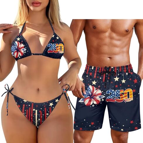 Matching Hawaiian Outfit for Couples Women Halter Bikini 2 Piece Triangle SwimsuitMen's Casual Shorts with Pocket in Saudi Arabia