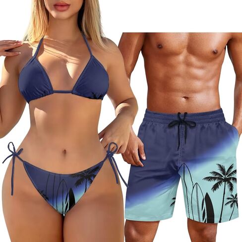 Matching Hawaiian Outfit for Couples Women Halter Bikini 2 Piece Triangle SwimsuitMen's Casual Shorts with Pocket in Saudi Arabia