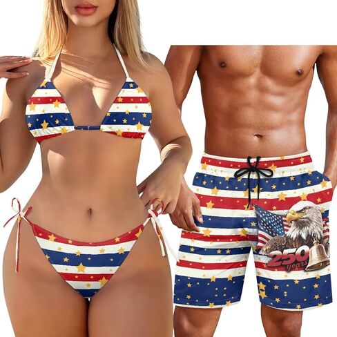 Matching Hawaiian Outfit for Couples Women Halter Bikini 2 Piece Triangle SwimsuitMen's Casual Shorts with Pocket in Saudi Arabia