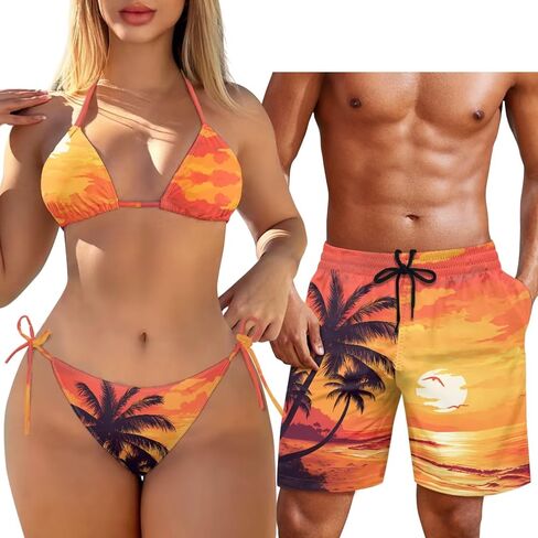 Matching Hawaiian Outfit for Couples Women Halter Bikini 2 Piece Triangle SwimsuitMen's Casual Shorts with Pocket in Saudi Arabia