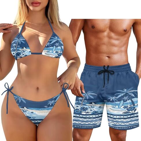 Matching Hawaiian Outfit for Couples Women Halter Bikini 2 Piece Triangle SwimsuitMen's Casual Shorts with Pocket in Saudi Arabia