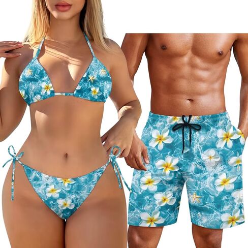 Matching Hawaiian Outfit for Couples Women Halter Bikini 2 Piece Triangle SwimsuitMen's Casual Shorts with Pocket in Saudi Arabia