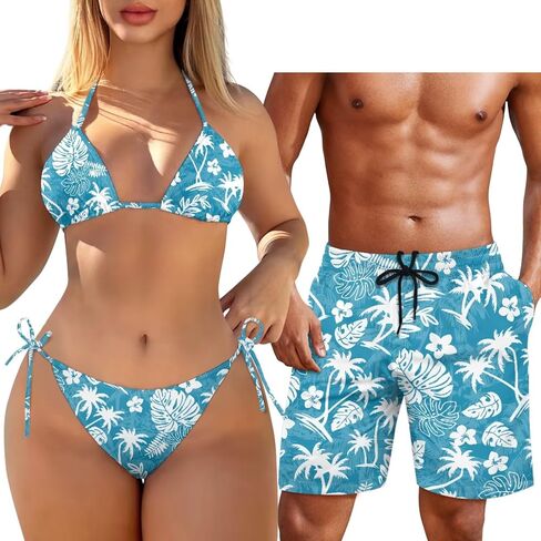 Matching Hawaiian Outfit for Couples Women Halter Bikini 2 Piece Triangle SwimsuitMen's Casual Shorts with Pocket in Saudi Arabia