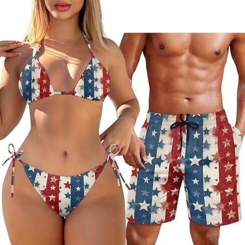 Matching Hawaiian Outfit for Couples Women Halter Bikini 2 Piece Triangle SwimsuitMen's Casual Shorts with Pocket in Saudi Arabia