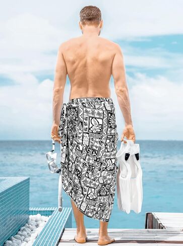 HAPPY BAY Men's Beach Holidays Cover Up Summer Long Sarong Wrap Beachwear Vacation Cover-Up Lava Lava for Men One Size Black in Kuwait