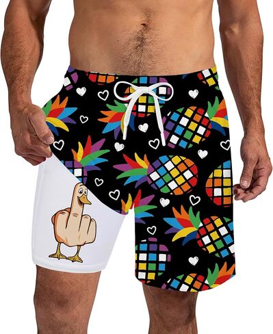 westwolf Mens Swim Trunks 7 Inch Bathing Suits with Compress Liner Funny Yellow Duck Printed in Saudi Arabia