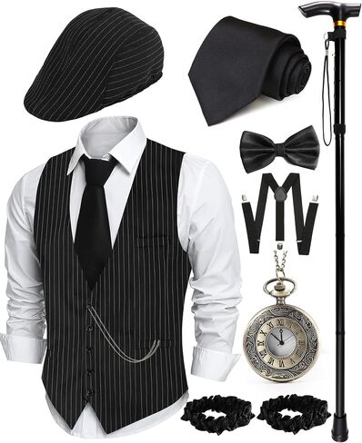1920s Mens Costume, Roaring 20s Costumes for Men 1920s Mens Outfit with Walking Cane Vest Hat 1920 Mens Accessories in Saudi Arabia
