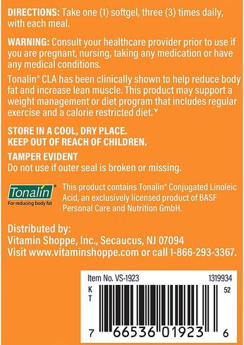 The Vitamin Shoppe Tonalin CLA 1000mg Softgel, Conjugated Linoleic Acid 740mg from Safflower Seeds - Supports Reduction of Body Fat (180 Softgels) in Kuwait