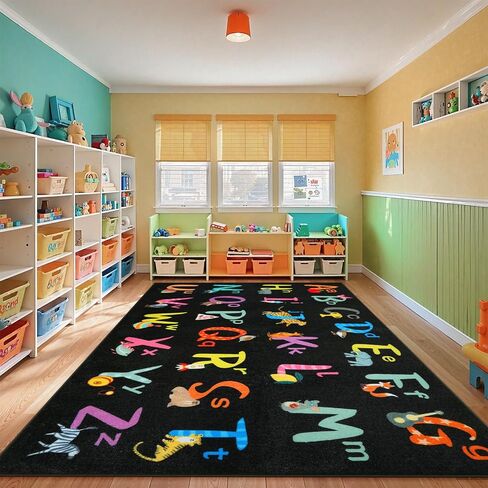 LIVEBOX 7'5" x 13' Black ABC Kids Classroom Carpet, Large Washable Alphabet Educational Learning Area Rugs for Classroom Elementary, Non-Slip Preschool Kids Teacher Rug for Kindergarten Daycare Baby in Saudi Arabia